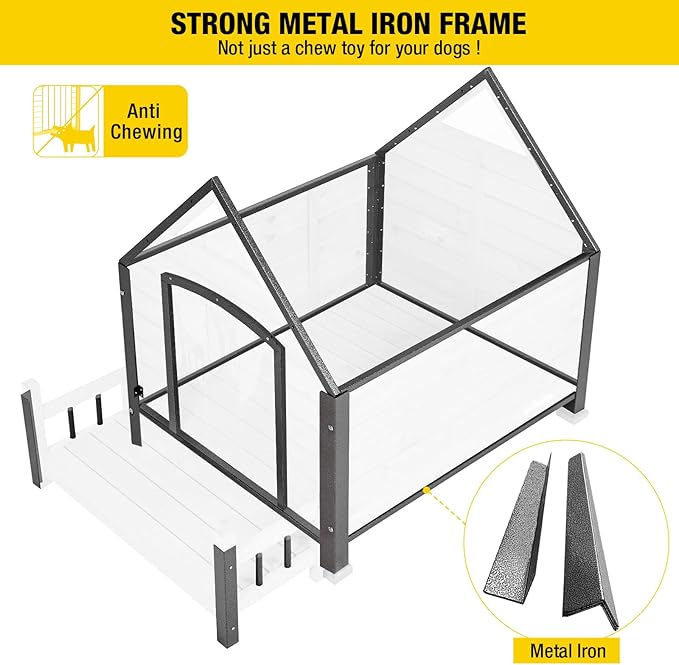 Aivituvin Dog House Outdoor with Metal Frame, Dog Kennel Outside for Small to Medium Breed, 45" Weatherproof Large Dog Shelter with Anti-Chewing Iron Frame, White (45" D x 32.9" W x 32.6" H)-Mewly Pet