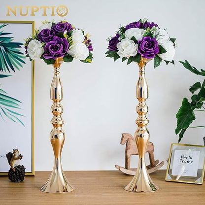 NUPTIO Pcs of 6 Fake Flower Ball Arrangement Bouquet,15 Heads Plastic Roses with Base, Suitable for Our Store's Wedding Centerpiece Flower Rack for Parties Valentine's Day Home Décor (Purple & White)