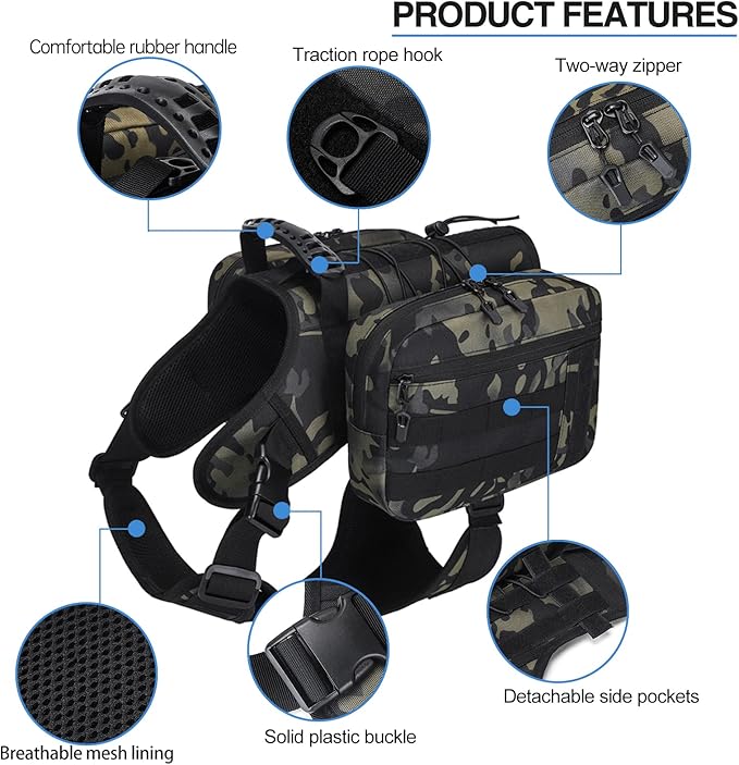 BYGD Dog Saddle Backpack for Hiking, Lightweight Waterproof Harness with Removable Bags for Large Dogs, Outdoors (Camo)-Mewly Pet