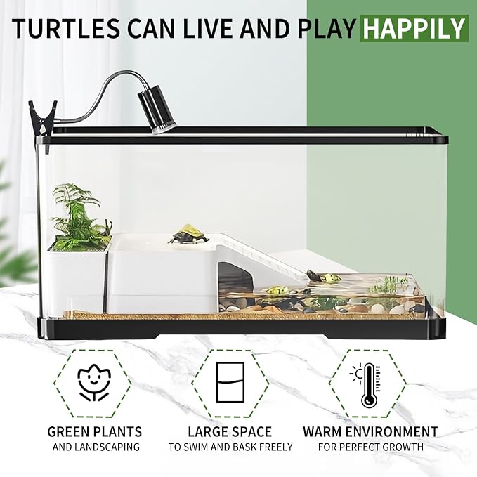 (Tank + Light + Filter + Filter Balls) Turtle Tank Kit, Turtle Tank Starter Kit,Bottom Drainage, Multi-Function Areas for Turtles, Crabs,Fishes, Amphibians,Reptiles.(15.75 x 8.64 x 8.64 Inch)-Mewly Pet
