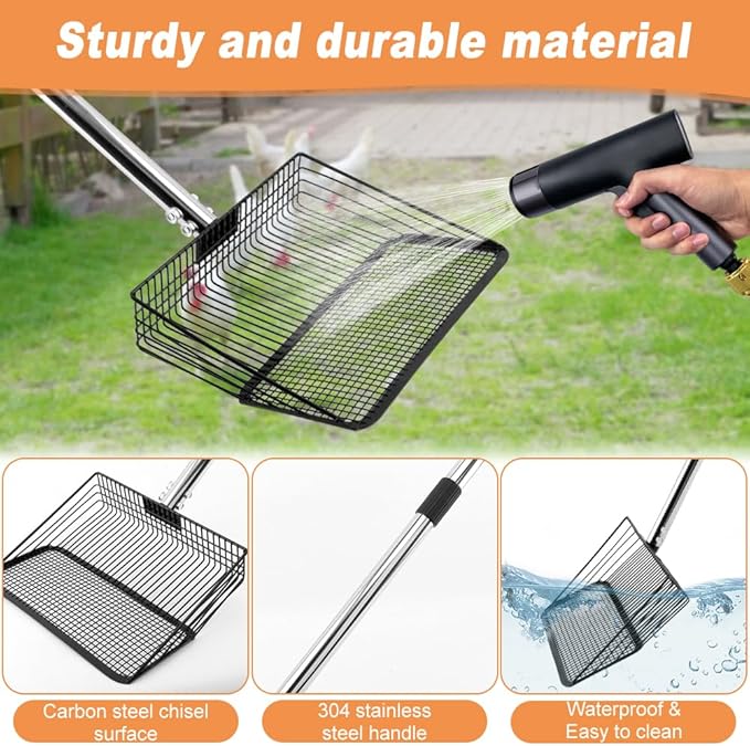10inch Chicken Poop Scooper, Chicken Coop Scoop for Poop, 4 Sections Extended with 22 to 77inch Stainless Steel Adjustable Handle, Litter Scooper Sifting Shovel-Mewly Pet