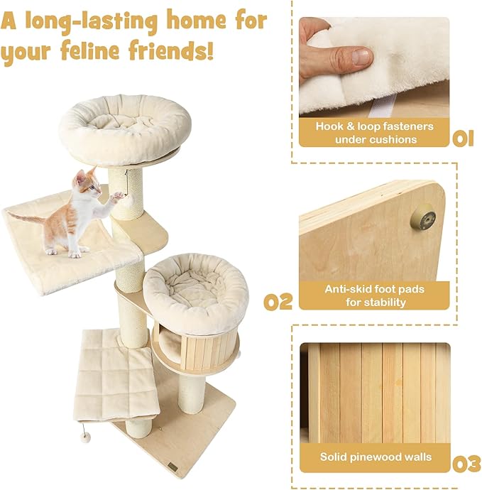 PETSITE 68.5" Tall Cat Tree, Multi-Level Modern Cat Tower with Sisal Scratching Posts, Top Perch, Cat Condo, Hammock, Jingling Balls, and Washable Cushions, Cat Tree Tower for Indoor Cats Large Adult-Mewly Pet