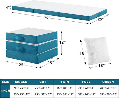 SINWEEK Memory Foam Folding Mattress, 4 Inch Foldable Trifold Mattress Topper, CertiPUR-US Certified Guest Bed with Cooling Cover & Waterproof Lining