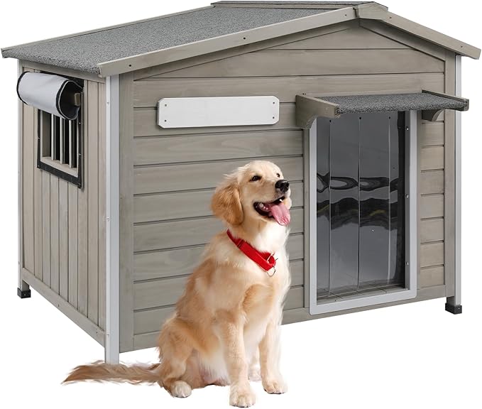 Outdoor Dog House Weatherproof Large Wooden Dog Kennel Indoor for Small Dogs with Chew-Proof Frame, Oxford Fabric Window, Removable Floor Pet Shelter (Grey, 40.1" D x 26.4" W x 28" H)-Mewly Pet