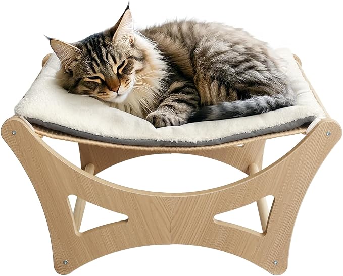 Cat Hammock Bed, Wooden Elevated Cat Beds with Natural Sisal Scratching Mat, Cats Scratcher Bed with Removable Soft Cushion, Cats Scratching Beds with Wood Frames, 22" L x 17.7" W-Mewly Pet