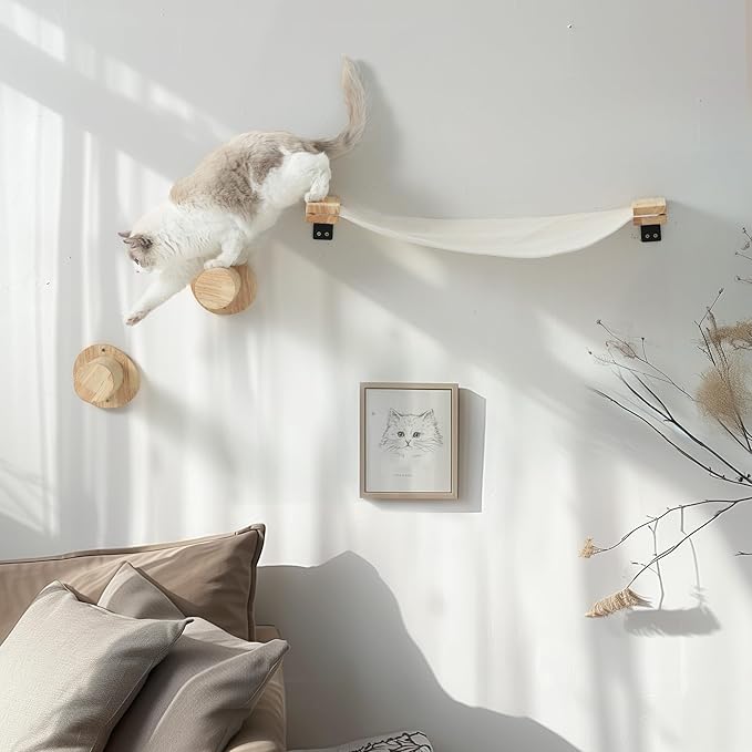 FUKUMARU Cat Wall Furniture, 2 PCS Climbing Shelves Set, Solid Rubber Wood Cat Shelf, Cats Perches for Wall Sleeping, Playing, Jumping and Lounging, 16 inch Drywall Installation-Mewly Pet