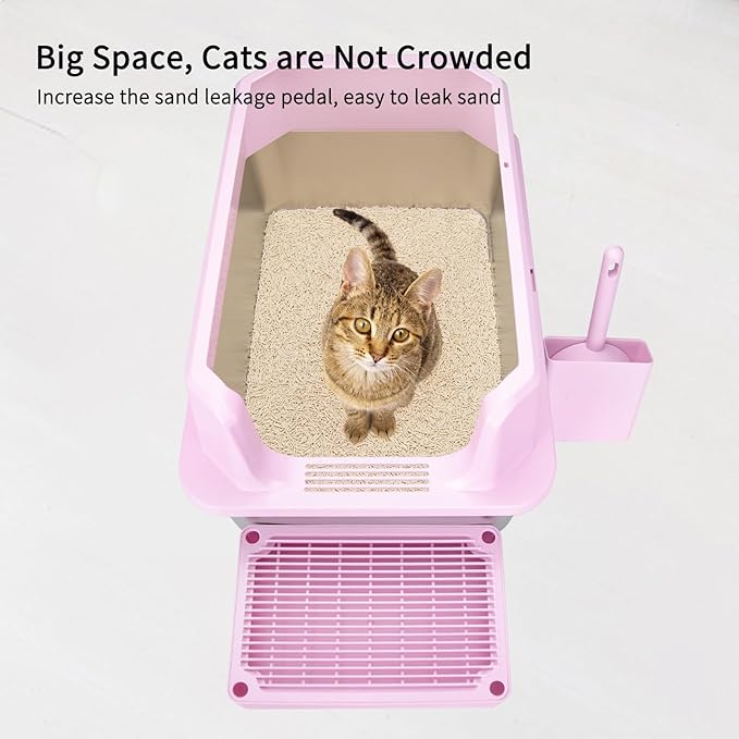 RIZZARI Large Stainless Steel Cat Litter Box: Open Top Leak-Proof Large Cat Pan - Odor Control for Indoor Multi-Cat Homes (Light Pink, 23.8" L*16" W*12" H)-Mewly Pet