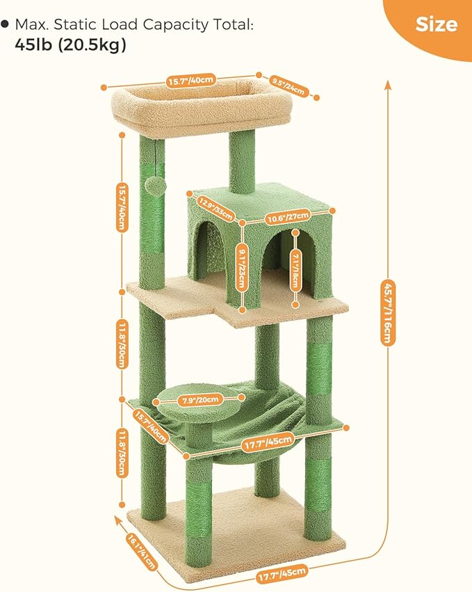 Cactus Cat Tree for Indoor Cats, 45.7" Multi-Level Cat Tower with Large Metal Frame Hammock, Cat Condo with 4 Scratching Posts and Top Perch, Green-Mewly Pet
