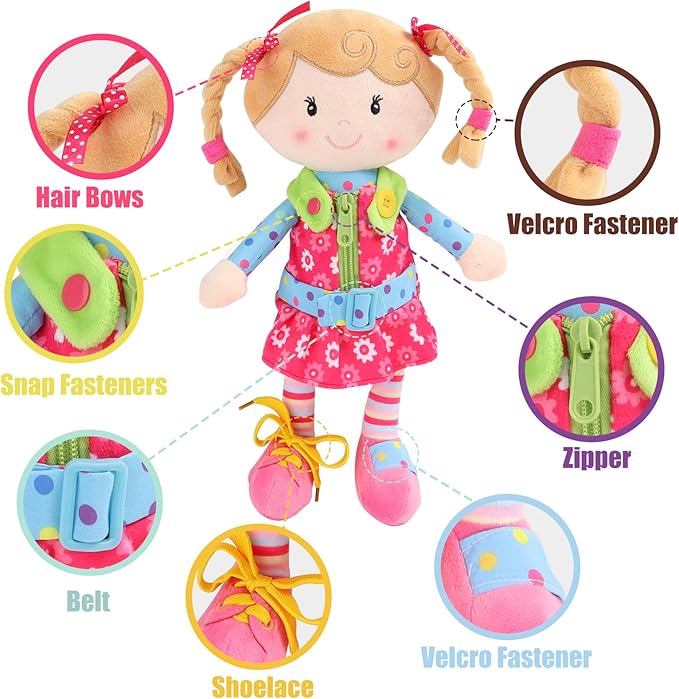Sugar Snap Plush Learn to Dress Doll for Toddlers - 15" - for 2 Year Old Girl - Montessori