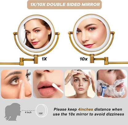 Wall Mounted Makeup Mirror with Light and Magnification, 7W Higher Brightness and Dimmable 1X/10X Double Sided Wall Magnified Mirror, Extending Vanity Mirror for Bathroom, Antique Brass Direct Wire