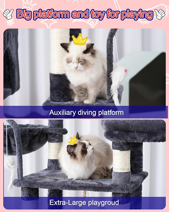 Cat Tree, Cat Tower for Large Cats with 2 Big Platforms, 2 Baskets, condo and Toys, 63" Cat Scratching Posts for Indoor Cats, Smoky Gray GCT020G-Mewly Pet