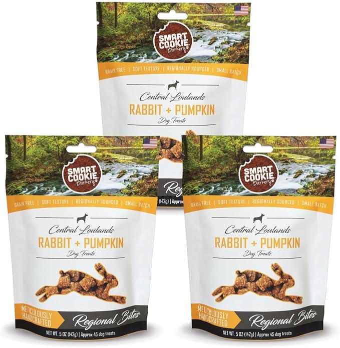 Smart Cookie All Natural Dog Treats - Rabbit & Pumpkin - Training Treats for Dogs with Allergies or Sensitive Stomachs - Soft Dog Treats, Grain Free, Chewy, Human-Grade, Made in USA - 5oz, Pack of 3-Mewly Pet