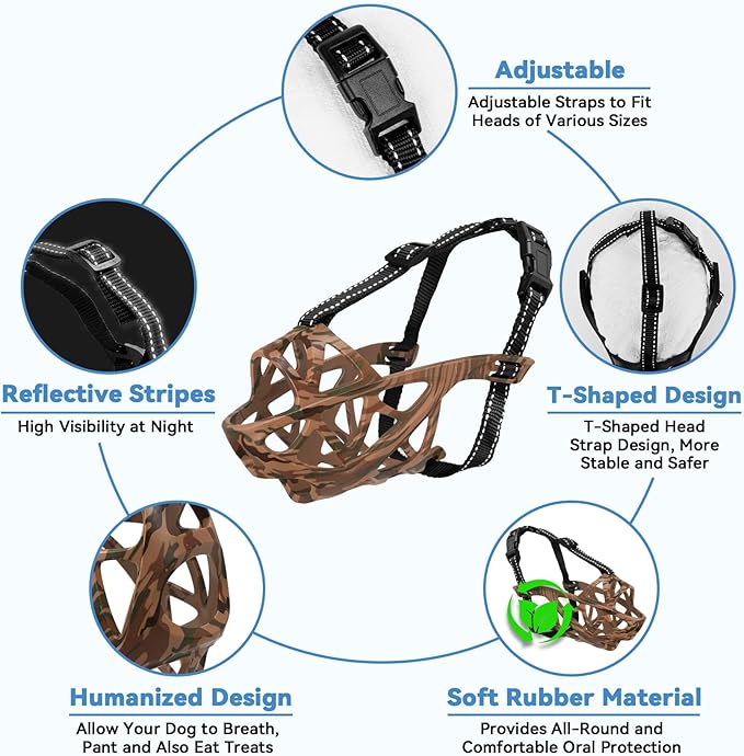 Dog Muzzle for Large Dogs, Breathable Basket Muzzles for Small, Medium and X-Large Aggressive Dog, Allows Panting Drinking, Suitable for Grooming Trimming Training (Camouflage Brown, XL)-Mewly Pet