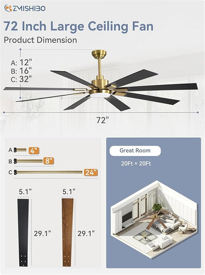 ZMISHIBO 72 inch Black and Gold Ceiling Fans with Lights and Remote, Indoor/Outdoor Ceiling Fan for Patio Living Room, 6 Speed Reversible Quiet DC Motor, 3 CCT, Dual Finish Blades