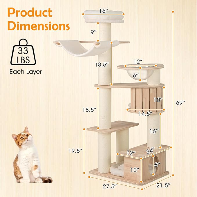 Tangkula 69” Tall Cat Tree, Multi-Layer Wood Cat Tower with Scratching Posts, Perch, Condo, Space Capsule, Hammock, Washable Cushions, Modern Cat Tree Tower for Indoor Cats Large Adult-Mewly Pet