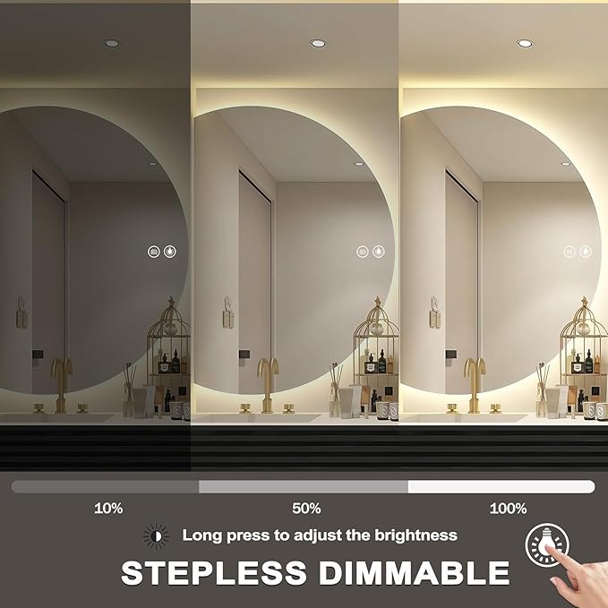 40"×28" LED Bathroom Mirror with Lights, Asymmetrical Smart Vanity Mirrors Wall-Mounted with Backlit, Anti-Fog Half Moon Mirror, Stepless Dimmable-3 Colors-Tempered Glass