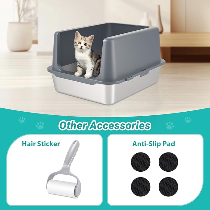 Litter Box with Lid, Stainless Steel Litter Box, 10" Metal Litter Tray High Sides, Small Litter Pan for Kittens, Enclosed Cat Litter Pan, Non-Sticky Covered Grey, Easy Clean-Mewly Pet