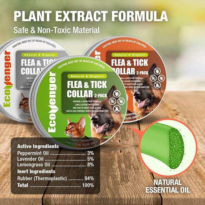 EcoVenger Flea & Tick Collar Repellent 2-Pack Green, Fits Both Dogs & Cats, Built-in Pant-Based Formula Strong Repellency Slow Release, Lasting Deterrence and Protection, Pleasant Aroma, Waterproof-Mewly Pet