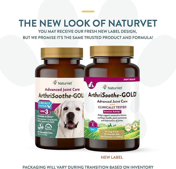 NaturVet ArthriSoothe-Gold Level 3, MSM and Glucosamine for Dogs and Cats, Advanced Joint Care Support Supplement with Chondroitin and Omega 3, Clinically Tested, Chewable Tablets, Made in The USA-Mewly Pet