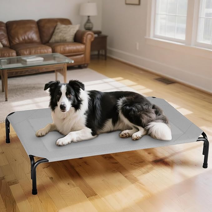 Elevated Dog Bed for Outdoor, XXXL Raised Dogs Cot with Washable Mesh, Cooling Pet Beds Chew Proof Dog Hammock, Metal Frame Lifted Platform for Training Outside Camping, 59 inch Grey-Mewly Pet