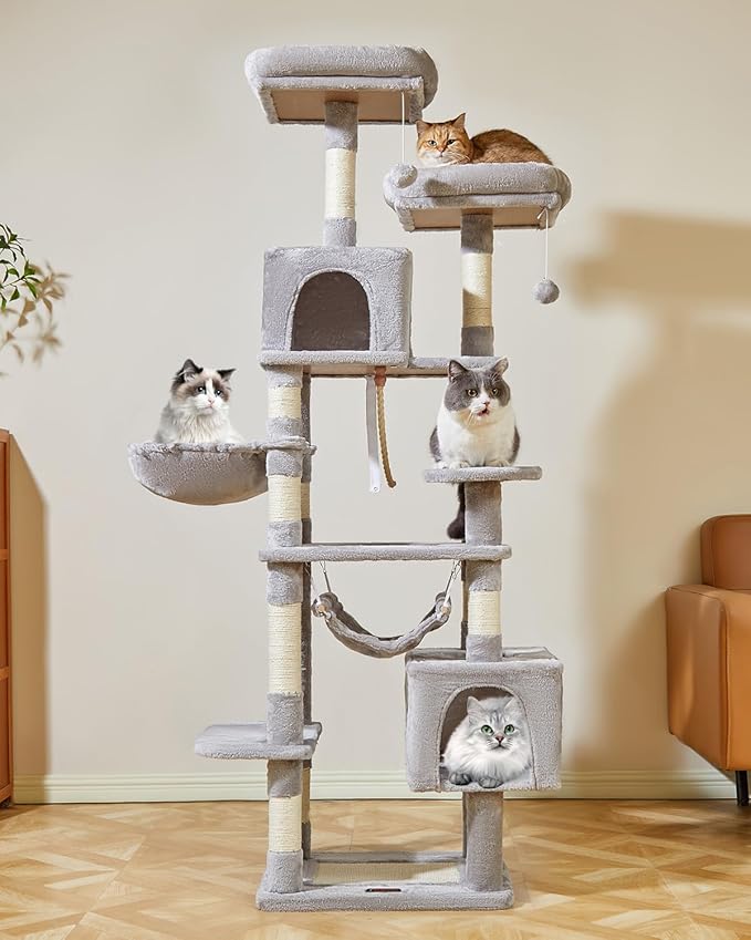 Taoqimiao Cat Tree, 71-Inch Cat Tree Cat Tower for Indoor Cats, Plush Multi-Level Cat Condo with 10 Scratching Posts, 2 Perches,Basket, 2 Caves,Hammock, 2 Pompoms,MS020W Light Gray-Mewly Pet