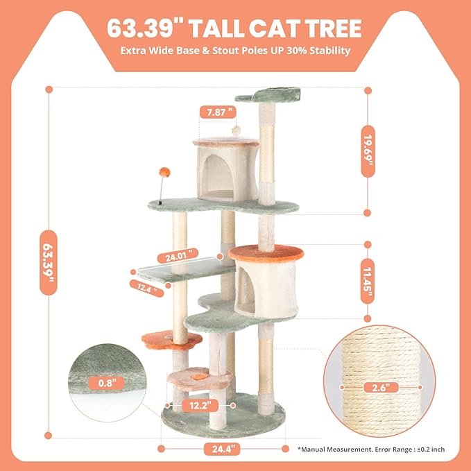 HYABi 63-inch Cat Tree for Large Cats, Multi-Level Flower Tower with Condo, Sisal Scratching Posts & Toy Balls, Sturdy & Safe Indoor Playhouse-Mewly Pet
