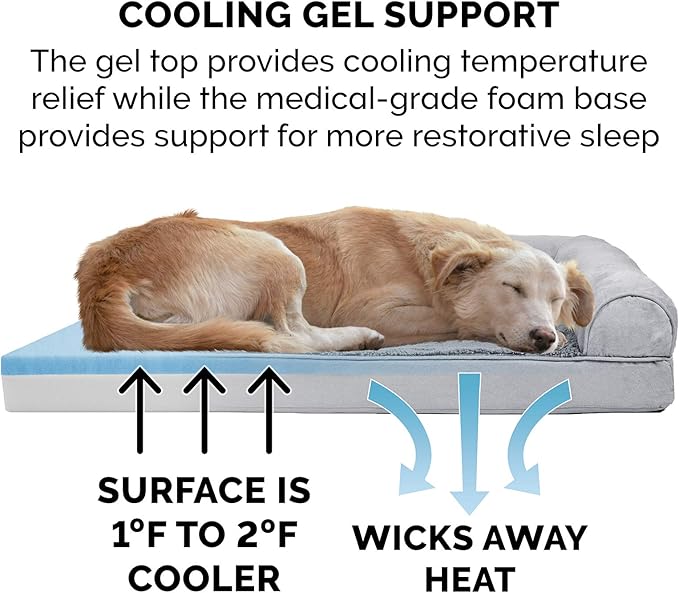 Furhaven Cooling Gel Dog Bed for Large/Medium Dogs w/ Removable Bolsters & Washable Cover, For Dogs Up to 55 lbs - Plush & Suede Sofa - Gray, Large-Mewly Pet