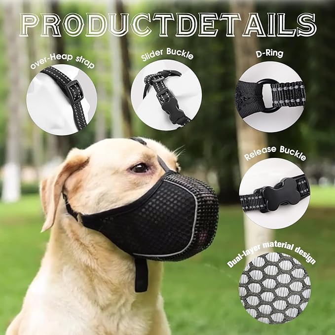 Dog Muzzle, Mesh Soft Muzzle for Small Medium Large Sized Dogs, Breathable Adjustable Puppy Muzzles for Scavenging Biting Licking and Chewing, Allows Panting and Drinking(Reflective Mesh, XXL)-Mewly Pet