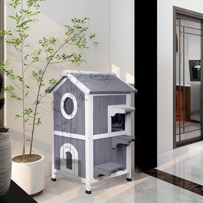 GEGURI Outdoor Cat House Weatherproof, Wooden Two-Story Feral Cat Shelter with Openable Roof, Escape Door, Balcony-Mewly Pet