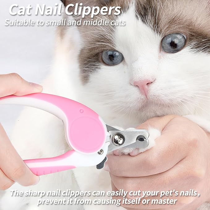2PCS Pet Grooming Kit, Cat Brushes & Cat Nail Clipper, Cat Grooming Brush for Sedding and Grooming Fur (Pink）-Mewly Pet