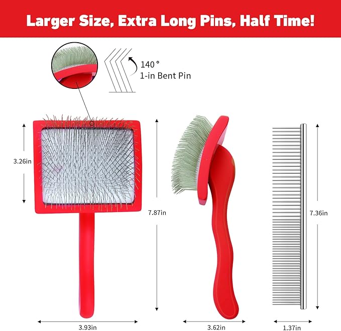 Dog Slicker Brush for Shedding and Grooming Medium or Long Haired Cats, Extra Long & Soft Pin Slicker Brush for Removes Loose Hair, Tangles, Knots, Undercoat, Free Pet Comb, Large Red-Mewly Pet