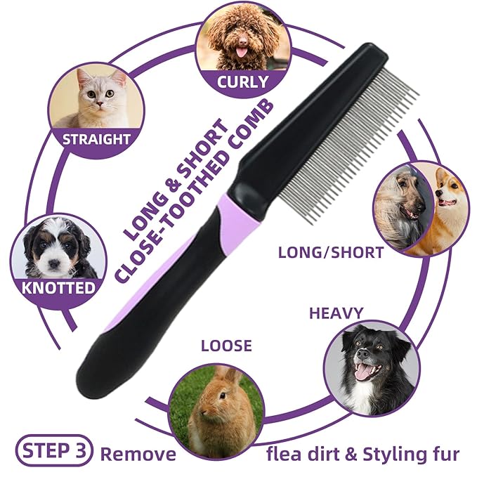 Dog Brush for Shedding, 7 PCS Dog Grooming Brush Kit Including Undercoat Rake, Slicker Brush, Dematting Comb, Nail Clipper, Bath Brush for Long & Short Haired Dogs, Cats - Purple-Mewly Pet