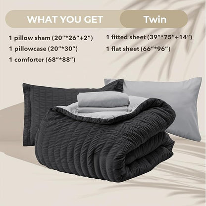 HYMOKEGE Black/Light Grey Twin Comforter Set Seersucker 5 Pieces, All Season Luxury Bed in a Bag for Bedroom, Bedding Set with Comforter, Sheets, Pillowcase & Sham
