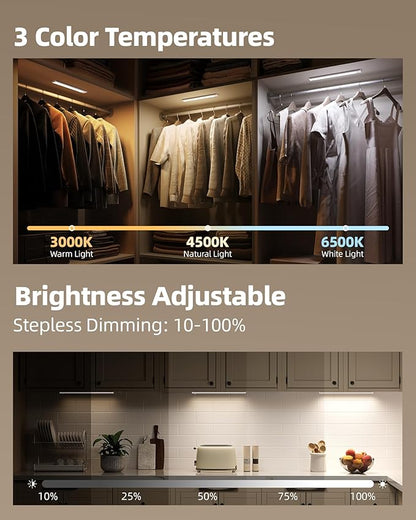 Under Cabinet Lighting, 12inch Rechargeable Motion Sensor Light Indoor, 1800mAh Battery Operated Closet Lights, with Dimmable & 3 Color Temps, Wireless Under Counter Lights for Kitchen,Stairs(6Pack) ﻿