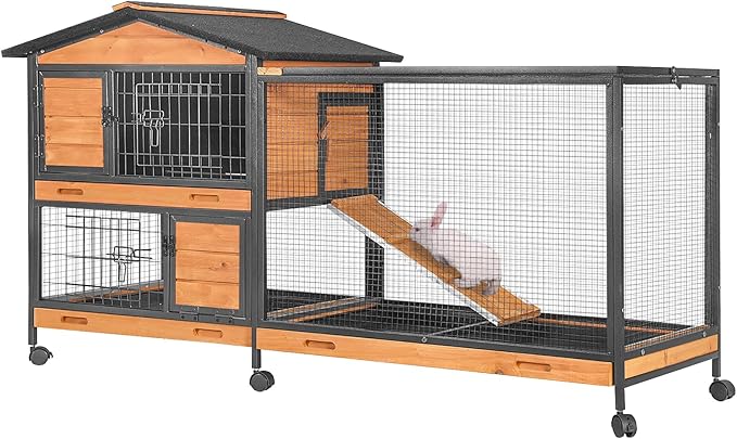 GUTINNEEN Rabbit Hutch with Chew-Resistant Metal Frame Indoor Bunny Cage Outdoor Rabbit Cage with Wheels and Leakproof Tray-Mewly Pet