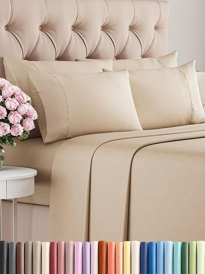 Queen 6 Piece Sheet Set - Comfy Breathable & Cooling - Ultra Soft Hotel Luxury Bedding Set w/ 8-16 Inch Deep Pockets - 1 Flat & 1 Fitted Sheet & 4 Pillowcases - Cozy, Wrinkle Free & Easy Care - Cream