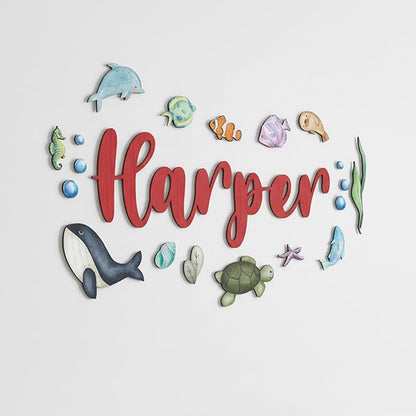 Custom Nursery Name Sign with Themed Decor Kit | Personalized Wooden Wall Art for Baby, Kids Room | Space, Jungle, Circus, Under the Sea, Woodland, Rainbow (10", Under the Sea)