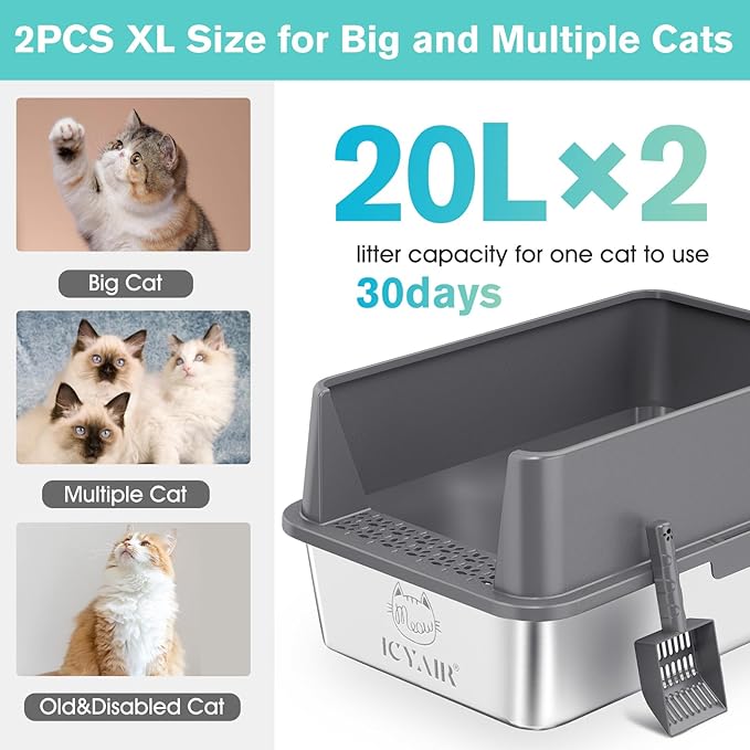 2PACK Stainless Steel Cat Litter Box with High Sides Lid, Extra Large XL Litter Box for Big Cats, Metal Kitty Litter Boxes with Anti-Leakage Enclosure,Non-Stick,Odorless,Scoop Included-Mewly Pet