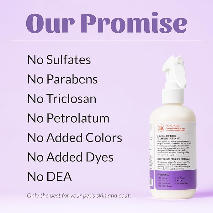 Skout's Honor Pet Detangler Spray - Hydrating & Conditioning with Avocado Oil & Probiotics, 97% Natural, Paraben & Sulfate-Free, softens for a More brushable Coat, Daily Use, 8oz, Lavender-Mewly Pet