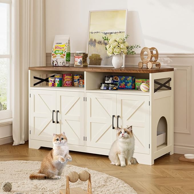Cat Litter Box Enclosure for 2 Cats, 47" Hidden Litter Box Furniture Cat Washroom with Double Large Room, Farmhouse Indoor Litter Box Cabinet TV Stand, White-Mewly Pet