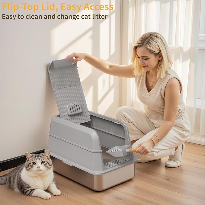 Stainless Steel Litter Box with Lid, XL Extra Large Cat Litter Box, Enclosed Metal Litter Pan with High Sided Enclosure & Scoop, Anti Leakage, Easy to Clean, Odor Control(Grey)-Mewly Pet