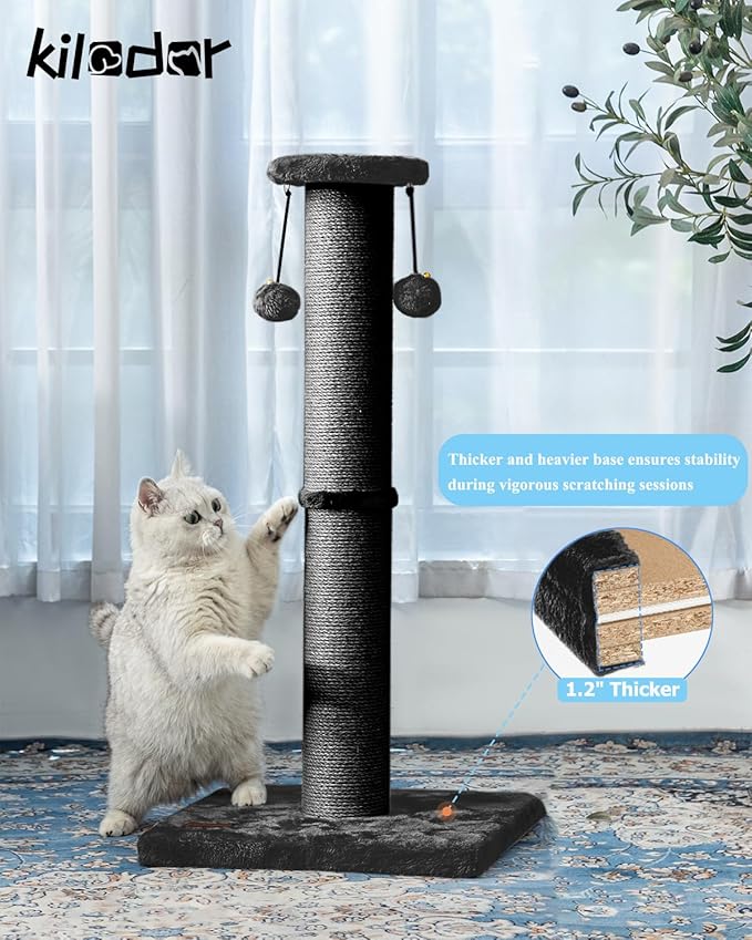 Kilodor 34Inch Tall Cat Scratching Post,4.3Inch Diameter Large Sisal Cat Scratch Post with Ball, Sturdy and Durable Cat Scratcher for Indoor Cats Adults Black-Mewly Pet