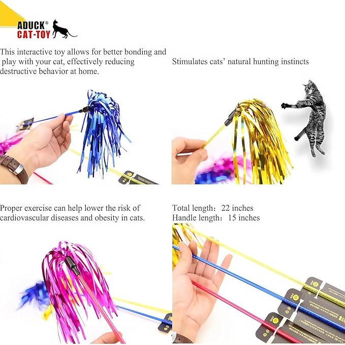 ADUCK Interactive Cat Teaser Wand Toy with Tassels - Durable Cat Chaser for Indoor Kitten Exercise, Boredom Relief & Training Play - Assorted Color, 1 Pack-Mewly Pet