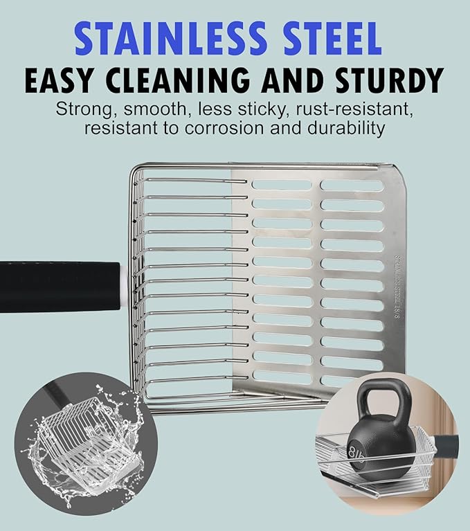 2PCS Cat Litter Scoop, Solid and Durable Kitty Metal Scooper, Stainless Steel Sifter, Heavy Duty, for Litter Box, Black Rubber Handle, Included Stainless Steel Hook-Mewly Pet