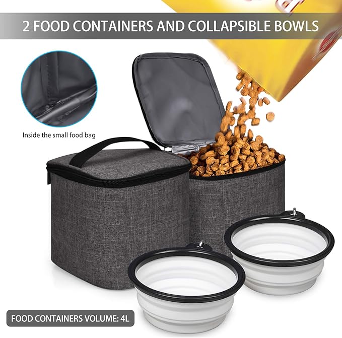 BAGLHER Pet Travel Bag, Double-Layer Pet Supplies Backpack (for All Pet Travel Supplies), Pet Travel Backpack with 2 Silicone Collapsible Bowls and 2 Food Baskets Grey-Mewly Pet