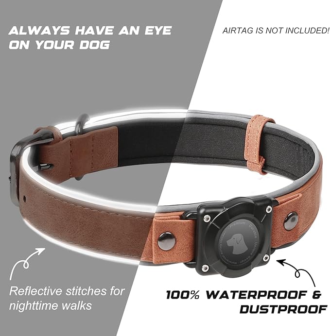 AirTag Dog Collar - Leather Dog Collar with Air Tag Holder | IPX8 Waterproof, Reflective, High - End, Adjustable Soft Padded | Dog GPS Tracker Collars Fit for Medium Large Dogs (Mahogany Brown, XL)-Mewly Pet
