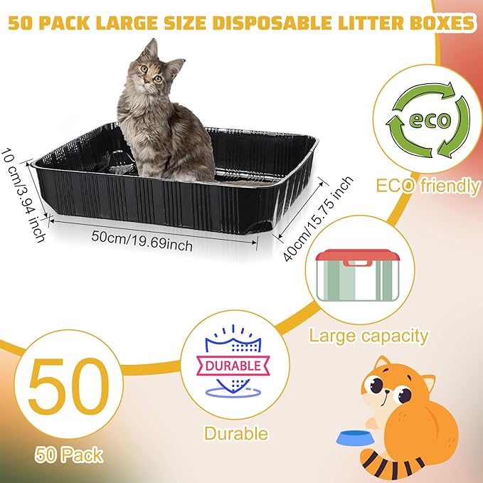 Zubebe 50 Pack Disposable Cat Litter Box for Cats, Large Disposable Kitty Litter Tray Boxes 19.69 x 15.75 x 3.94 Inches Plastic Pets Pan Standard for Indoor Home Travel Portable(Black)-Mewly Pet