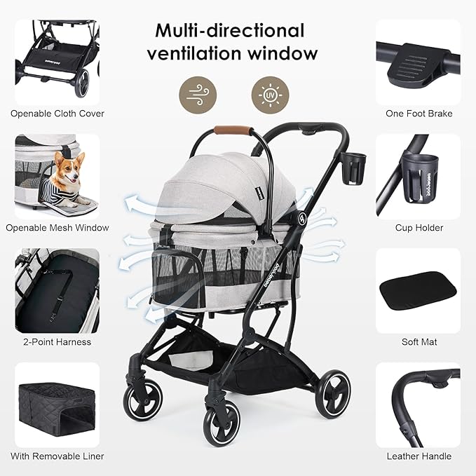 T3 3 in 1 Small Pet Stroller for Dogs & Cats, 4 Wheels for Dogs with Detachable Carrier with Pad, Canopy and Cup Holder, Grey-Mewly Pet