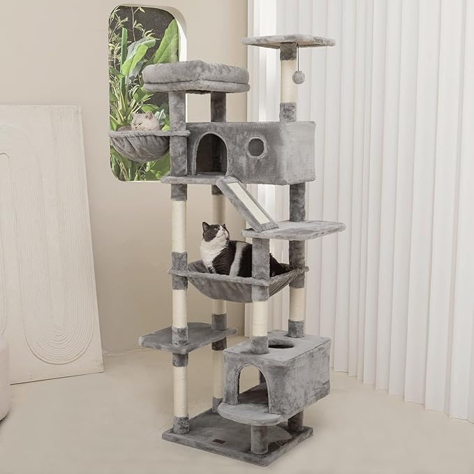 73 inches Large Cat Tree for Indoor Cats, Tall Cat Tower with Sisal Scratching Posts and Pads, Padded Plush Perch, Cozy Basket, Plush Condo for Large Cats (Grey)-Mewly Pet