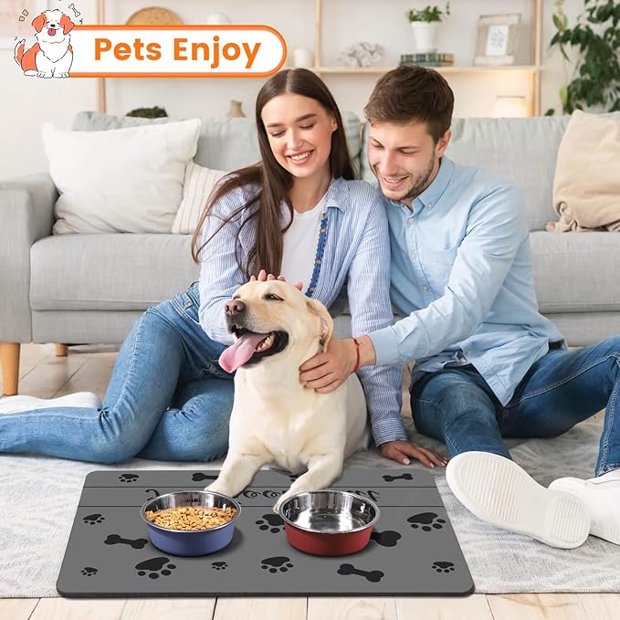 Pet Feeding Mat-Absorbent Pet Placemat for Food and Water Bowl, with Waterproof Rubber Backing, Quick Dry Water Dispenser Mat for Dog and Cat (12"x20", Bones)-Mewly Pet